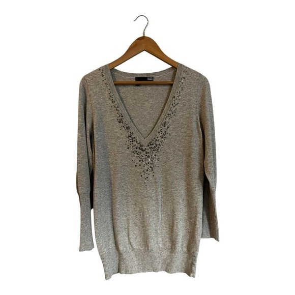 Eileen Fisher Sweater Medium Sequin V-Neck Organic Cotton Cashmere Pullover Gray - Picture 2 of 7
